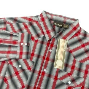 ODO Large NEW W/ Tags Red Grey Plaid Pockets Pearl Snaps Long Sleeve‎